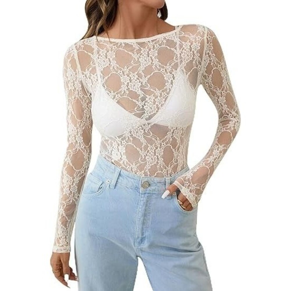 KTILG Women's Boat Neck Blouse LARGE Cream Floral Lace Long Sleeve Sheer Tops